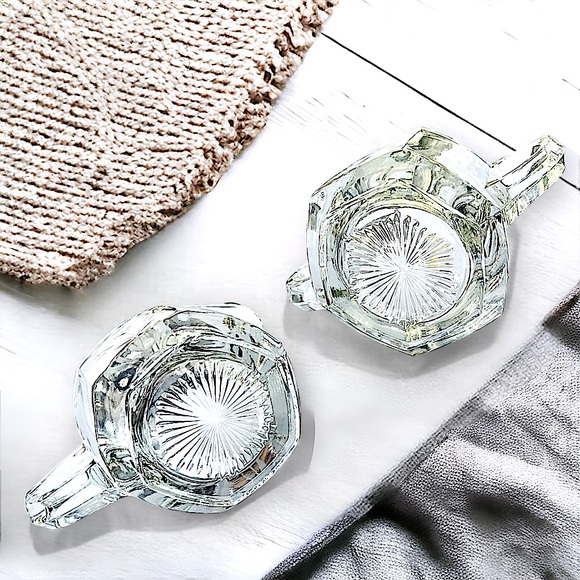 HEAVY CREAMER & SUGAR BOWL CLEAR cut GLASS ENGRAVED vintage HEISEY - Picture 8 of 8